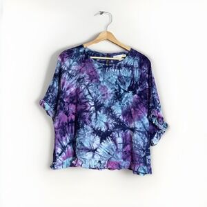 C&C California Linen Blend Tie Dye Ruffle Crop Top Size M Purple Blue Boxy Fit